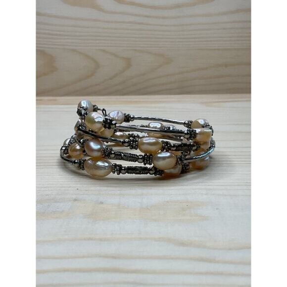 Pink Pearl and Silver Memory Wire Bracelet - Picture 5 of 5